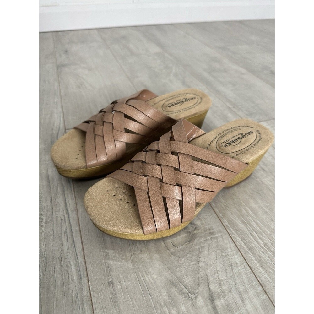 Easy Works by Easy Street Women's Wedge Sandals Rosanna Nude Slip On Shoes 7M